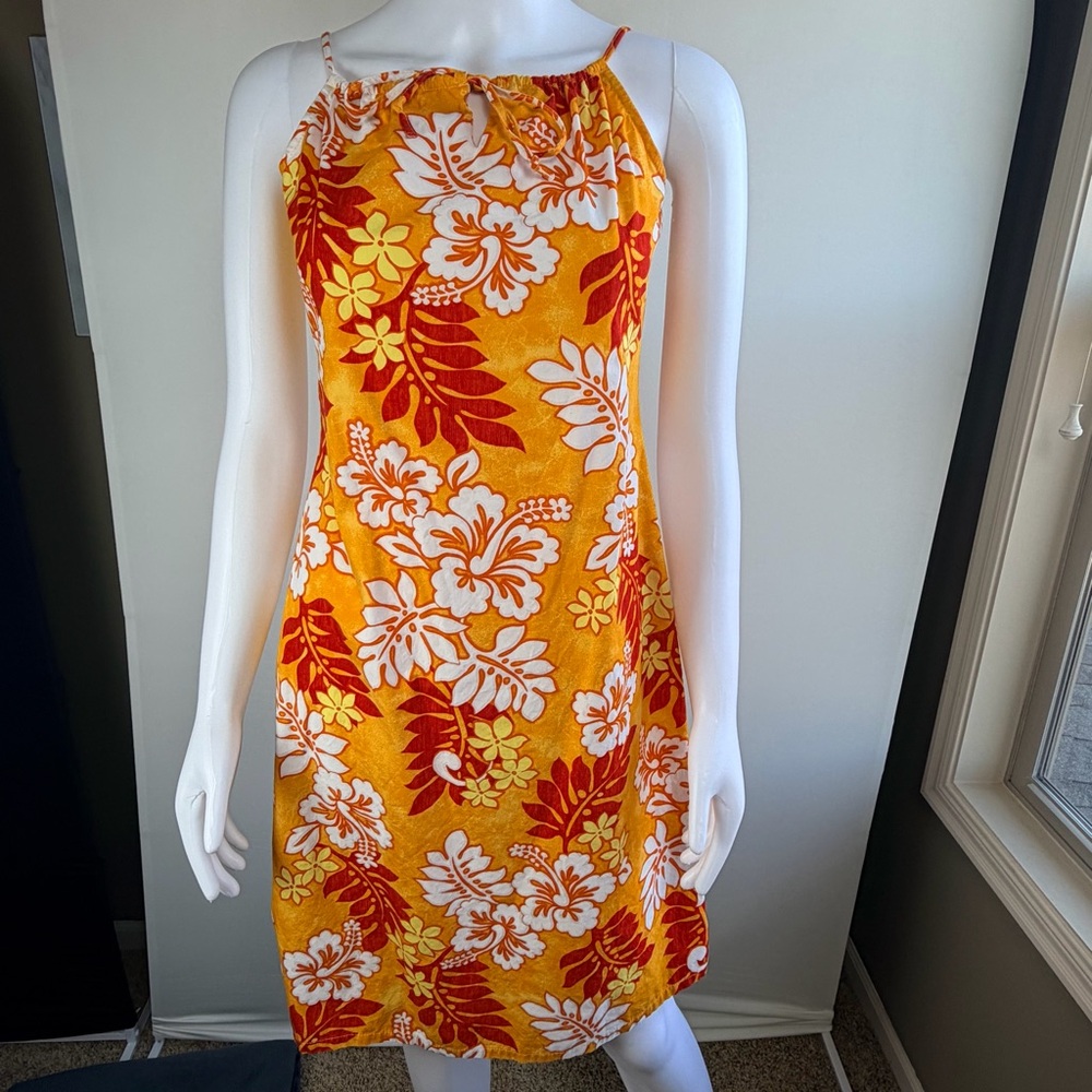 Hilo Hattie Hawaiian Dress XS Orange Yellow Floral Tropical Sundress 100% Cotton